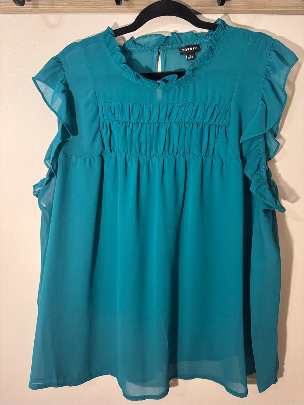torrid Teal Ruffle Sleeve Smocked Front Blouse
